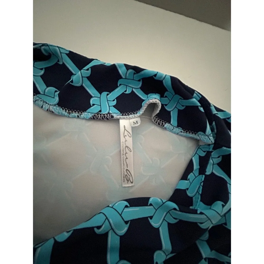 Lulu-B Navy Turquoise Geometric Link Print Sleeveless V-Neck Top Medium - Picture 3 of 5